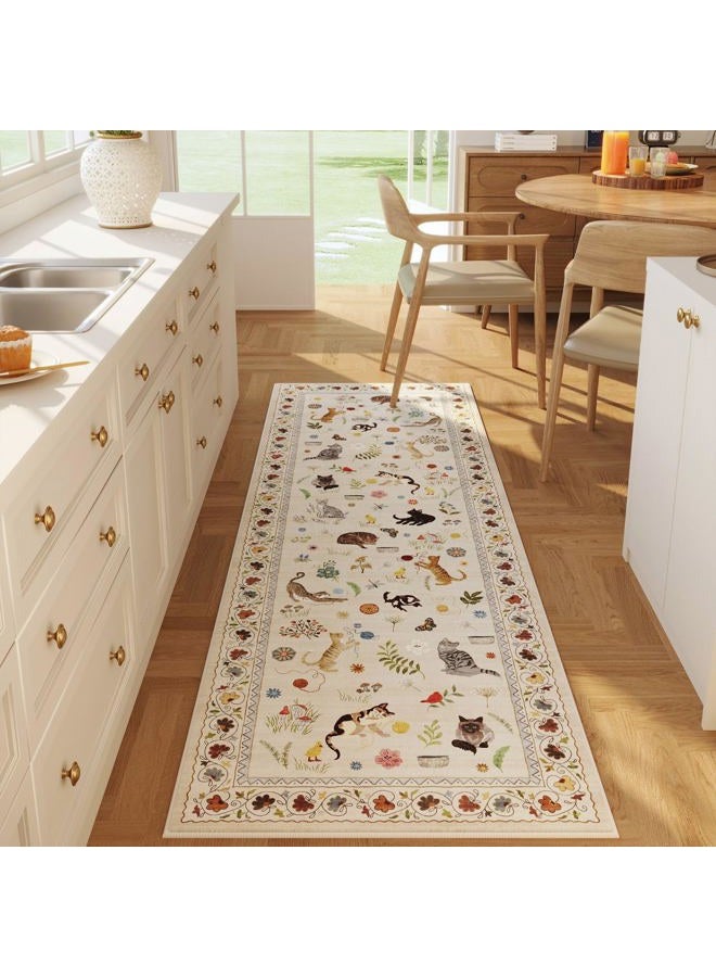 Rugcomf Runner Rug for Kitchen Non Slip 2'x6' Washable Rugs with Rubber Backing Soft Floral Animal Cat Carpet for Kitchen Laundry Bedroom Bathroom, Beige - Image 1