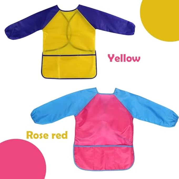 2 PIECES KIDS ART APRONS YELLOW AND ROSE RED KIDS APRONS FOR PAINTING WATERPROOF KIDS ART SMOCK WITH LONG SLEEVE AND 3 POCKETS SAFE CHILDREN'S ARTIST PAINTING SMOCKS FOR BOYS AND GIRLS - Image 3