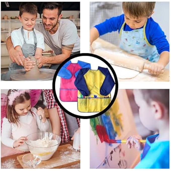 2 PIECES KIDS ART APRONS YELLOW AND ROSE RED KIDS APRONS FOR PAINTING WATERPROOF KIDS ART SMOCK WITH LONG SLEEVE AND 3 POCKETS SAFE CHILDREN'S ARTIST PAINTING SMOCKS FOR BOYS AND GIRLS - Image 5