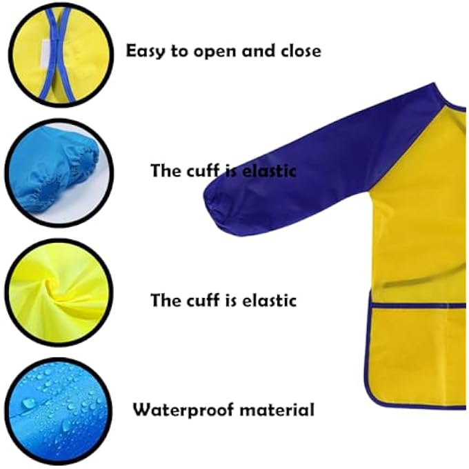 2 PIECES KIDS ART APRONS YELLOW AND ROSE RED KIDS APRONS FOR PAINTING WATERPROOF KIDS ART SMOCK WITH LONG SLEEVE AND 3 POCKETS SAFE CHILDREN'S ARTIST PAINTING SMOCKS FOR BOYS AND GIRLS - Image 2