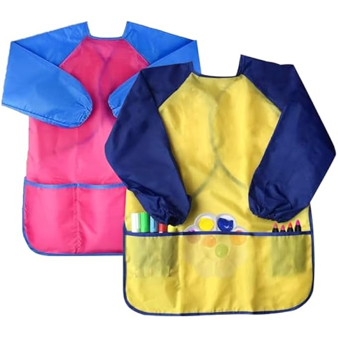 2 PIECES KIDS ART APRONS YELLOW AND ROSE RED KIDS APRONS FOR PAINTING WATERPROOF KIDS ART SMOCK WITH LONG SLEEVE AND 3 POCKETS SAFE CHILDREN'S ARTIST PAINTING SMOCKS FOR BOYS AND GIRLS - Image 1