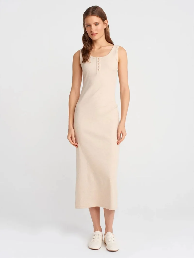 ديلفين DILVIN Ribbed Midi Bodycon Dress With Buttons