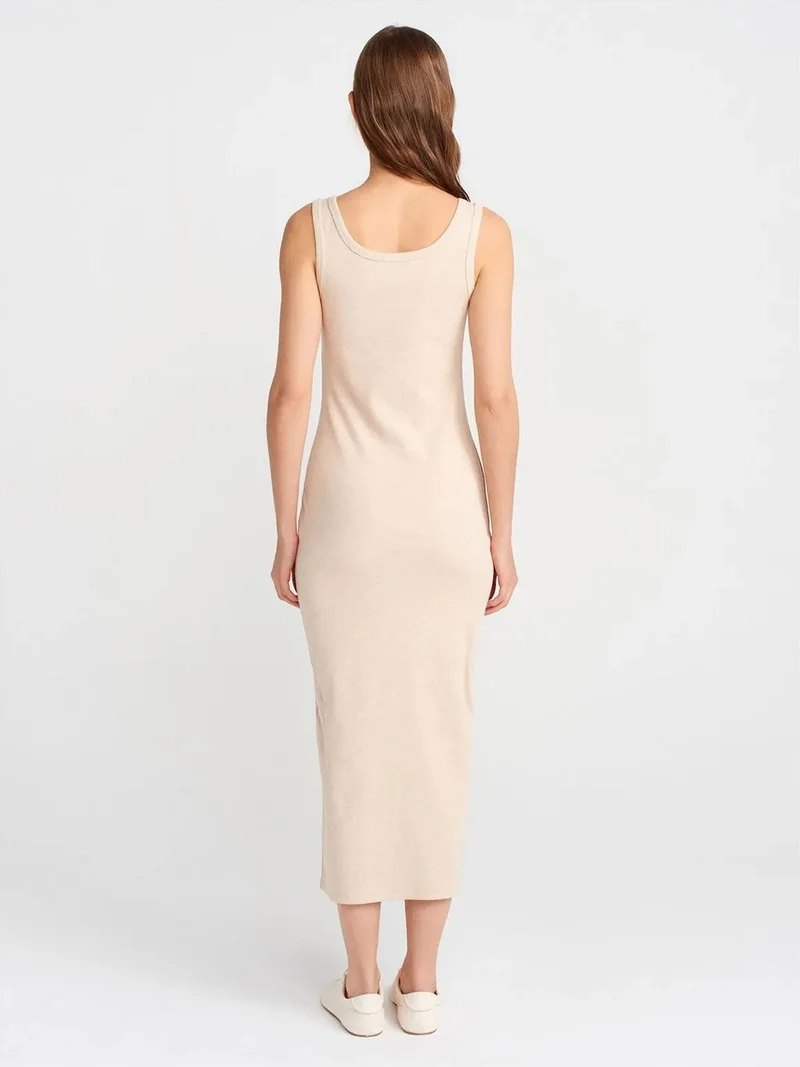ديلفين DILVIN Ribbed Midi Bodycon Dress With Buttons
