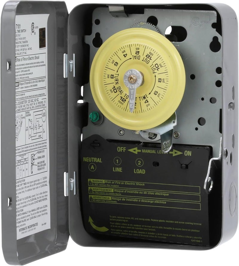 Intermatic T101 24-Hour Mechanical Timer Switch - 120V SPST, Indoor Metal Enclosure, Heavy Duty, Manual Override, 40 Amp - Ideal for Lights, Pumps, Fans, and HVAC Systems - Image 2