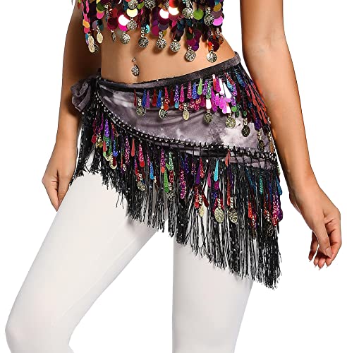 Lauthen.S Belly Dance Hip Scarf with Tassels Sequins, Triangle Coins Wrap Skirt Music Festival Clothing Black - Image 1