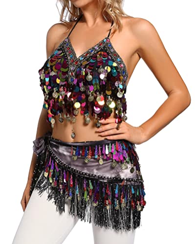 Lauthen.S Belly Dance Hip Scarf with Tassels Sequins, Triangle Coins Wrap Skirt Music Festival Clothing Black - Image 4