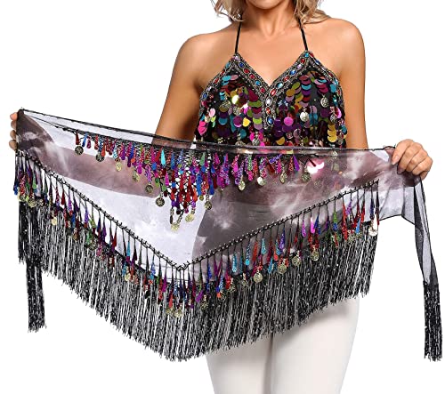 Lauthen.S Belly Dance Hip Scarf with Tassels Sequins, Triangle Coins Wrap Skirt Music Festival Clothing Black - Image 3
