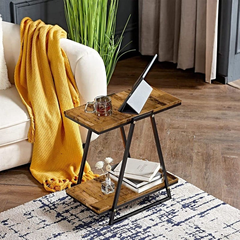 HIRVALL 2 Tier Sofa Table Office Table Kitchen Sofa Side Table School Dining Room Waterproof Table Metal Frame Color Brown