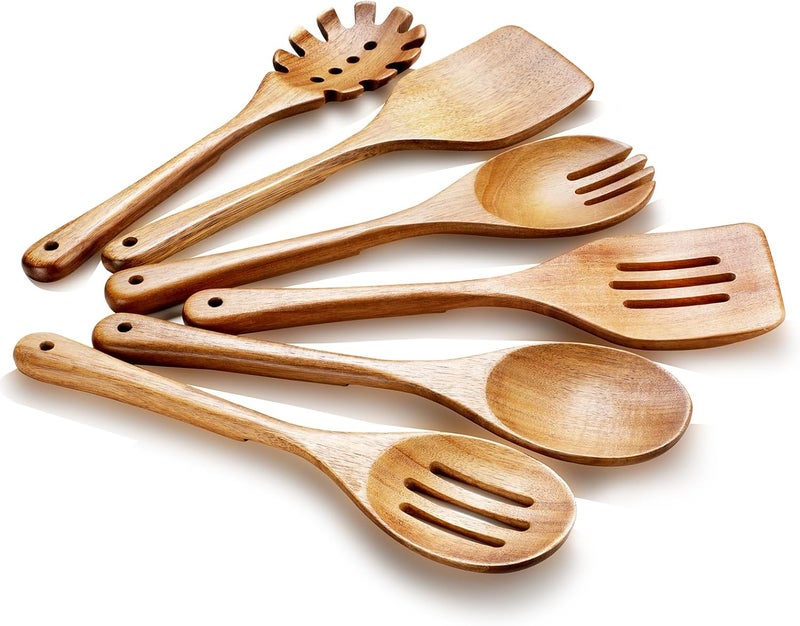 ROSOS Wooden Cooking Utensils, 6 Pieces Natural Acacia Wooden Spoons For Cooking with Non Stick & Heat Resistant Design, Wooden Kitchen Utensil Set with Hanging Hole for Stirring, Mixing, Cooking - Image 1