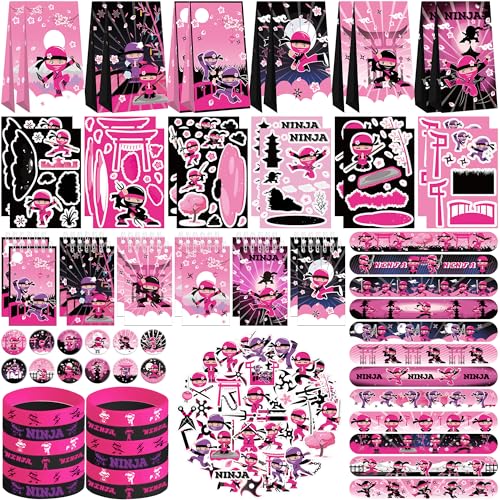 LSJDEER 122PCS Girl Ninja Party Favors Set 50 Stickers 12 Assemble Stickers 12 Button Badges 12 Mini Notepads 12 Slap Bracelets 12 Rubber Bracelets 12 Goodie Bags for Ninja Master Princess Baby Shower - Image 1