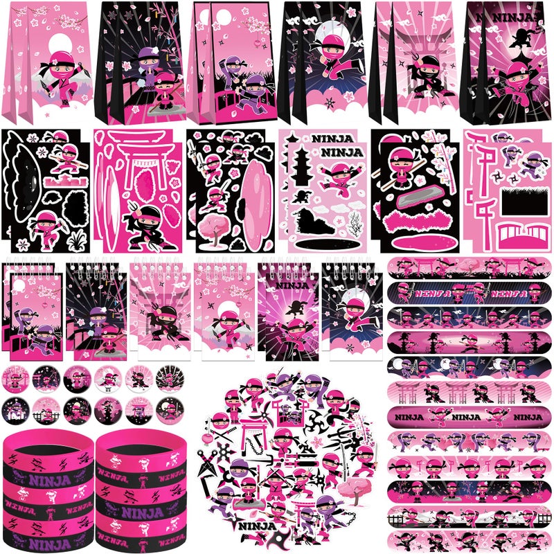 LSJDEER 122PCS Girl Ninja Party Favors Set 50 Stickers 12 Assemble Stickers 12 Button Badges 12 Mini Notepads 12 Slap Bracelets 12 Rubber Bracelets 12 Goodie Bags for Ninja Master Princess Baby Shower - Image 3