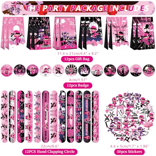 LSJDEER 122PCS Girl Ninja Party Favors Set 50 Stickers 12 Assemble Stickers 12 Button Badges 12 Mini Notepads 12 Slap Bracelets 12 Rubber Bracelets 12 Goodie Bags for Ninja Master Princess Baby Shower - Image 5