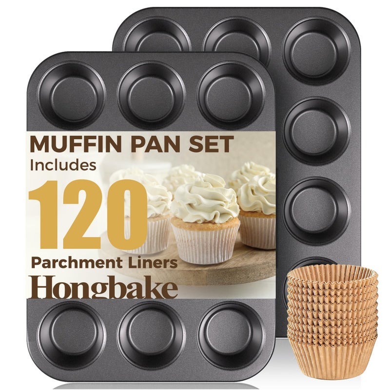 HONGBAKE Muffin Pans with 120 Natural Parchment Liners Nonstick Cupcake Baking Tray for Oven Premium Standard Size 12 Cup 2 Pack Dark Grey - Image 2