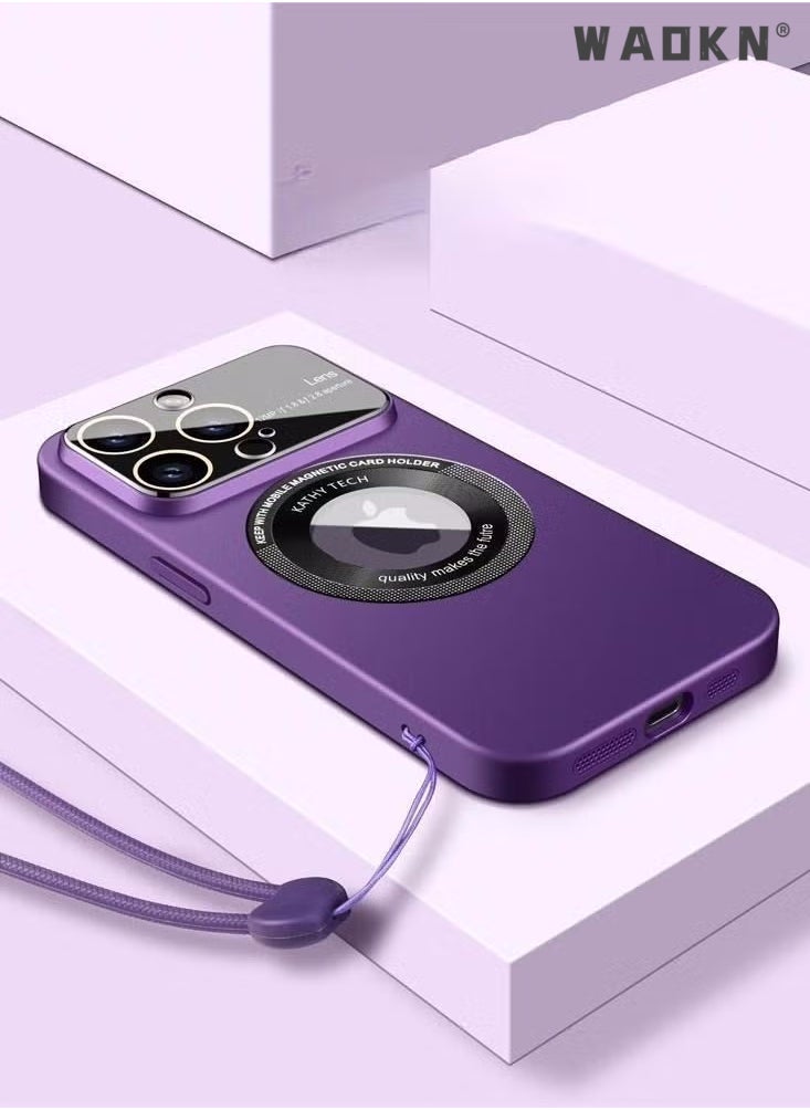WAOKN - Magnetic Case for iPhone 15 Pro Luxury Slim Mat Magnet Ultra Thin Hard PC Shockproof Cover Ultra Thin Cover with Lanyard Purple - Image 1