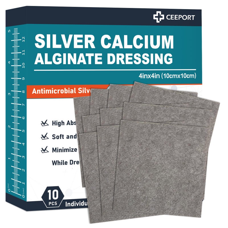 Ceeport Ag Silver Calcium Alginate Wound Dressing Pads, 4''x4'' Patches, 10 Individual Pack, Soft Silver Dressings for Wound Care, Gentle Highly Absorbent Dressing, Non Stick Gauze Pads for Wounds - Image 1