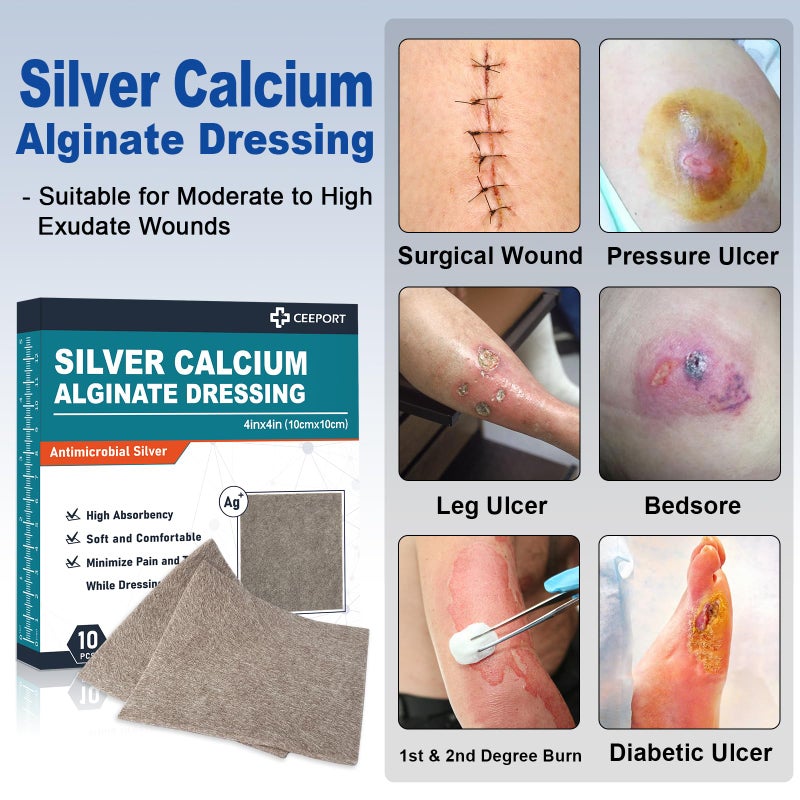 Ceeport Ag Silver Calcium Alginate Wound Dressing Pads, 4''x4'' Patches, 10 Individual Pack, Soft Silver Dressings for Wound Care, Gentle Highly Absorbent Dressing, Non Stick Gauze Pads for Wounds - Image 2