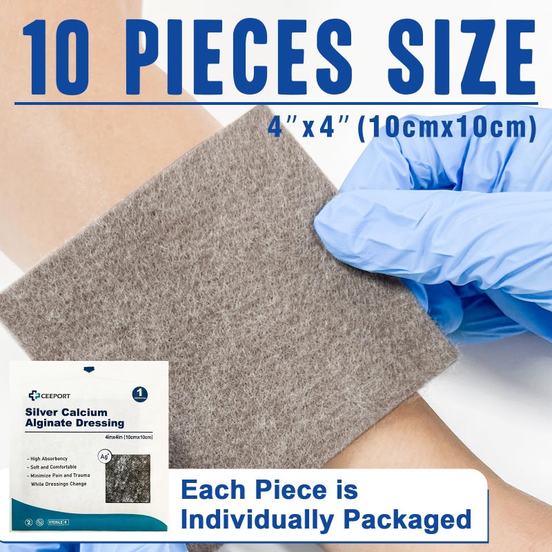Ceeport Ag Silver Calcium Alginate Wound Dressing Pads, 4''x4'' Patches, 10 Individual Pack, Soft Silver Dressings for Wound Care, Gentle Highly Absorbent Dressing, Non Stick Gauze Pads for Wounds - Image 5