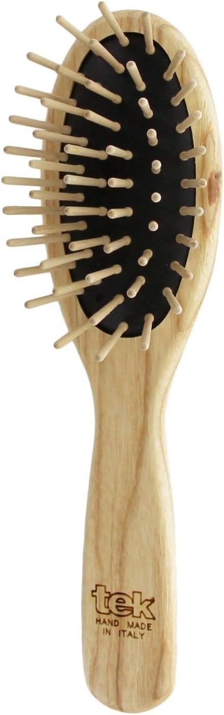 TEK Small Oval Wooden Hair Brush with Short Rounded Pins in Natural Ash Wood Handmade in Italy Ideal for Styling and Detangling Fine or Delicate Hair Compact and TravelFriendly