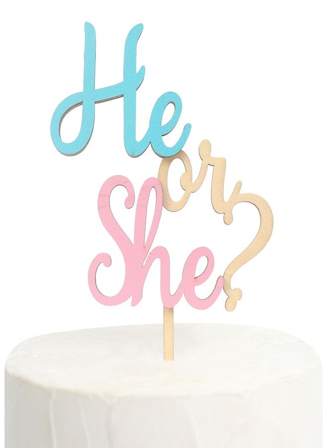 BOOMPA Gender Reveal Party Cake Toppers - Baby Shower Cake Decorations, Wooden He Or She Toppers, Blue And Pink Gender Reveal Cake Toppers - Image 1