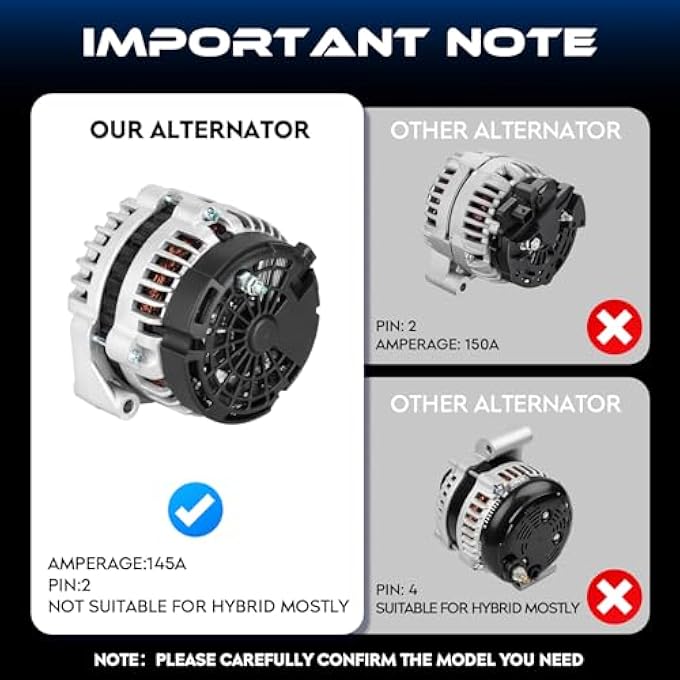 SEHNSUCHT New Alternator Replacement for Chevrolet Avalanche 1500 5.3L 2005-2006, for Escalade 6.0L 2005-2006, for Silverado 1500 2005-2007, for GMC Sierra 1500 2005-2007, 2-pin, 145A (Not for Hybrid) - Image 3