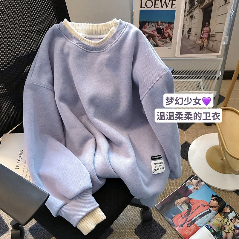 2024 New Womens Sweatshirt fleece-lined Round Neck Sweatshirt Womens Fake Two-piece Loose plus size Womens Thickened Coat Clothes Purple (fleece-lined 37388)
