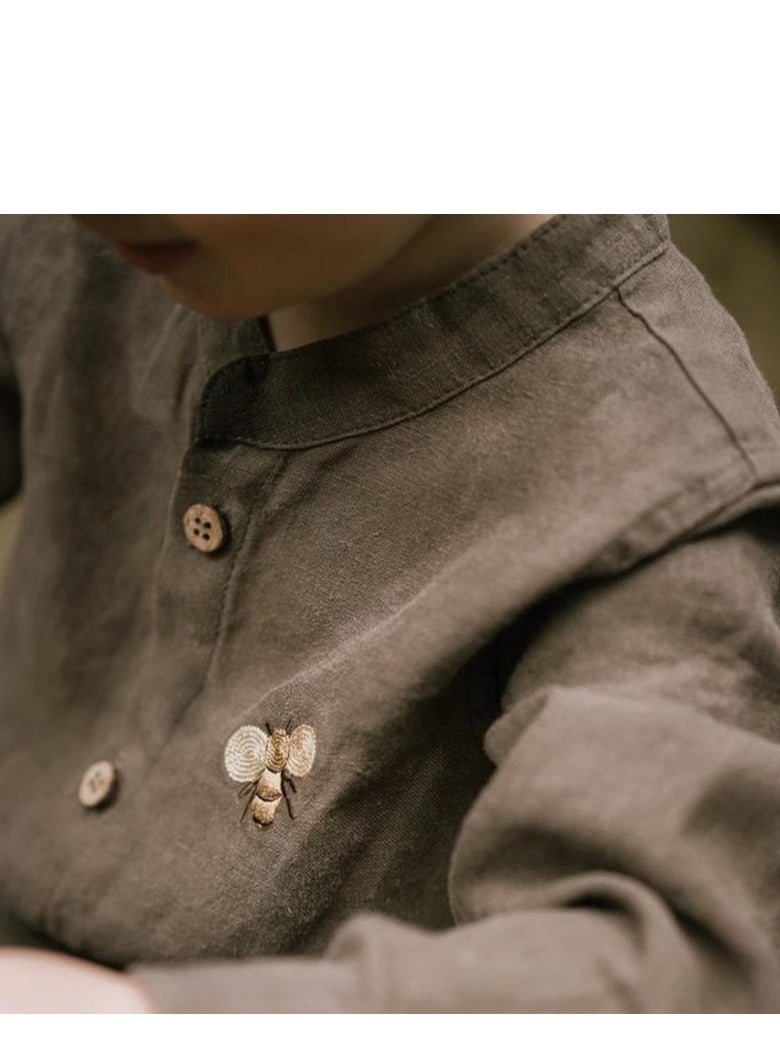 Children's Embroidered Long Sleeved Cotton Shirt Top+Pants Set  - Image 3