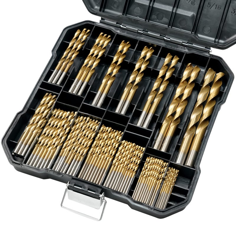 GMTOOLS 99 Pcs Drill Bit Set 135 Tip Titanium Coated High Speed Steel Twist Drill Bit Kit for Iron Aluminum Alloy Copper Wood Plastic with Hard Storage 11638