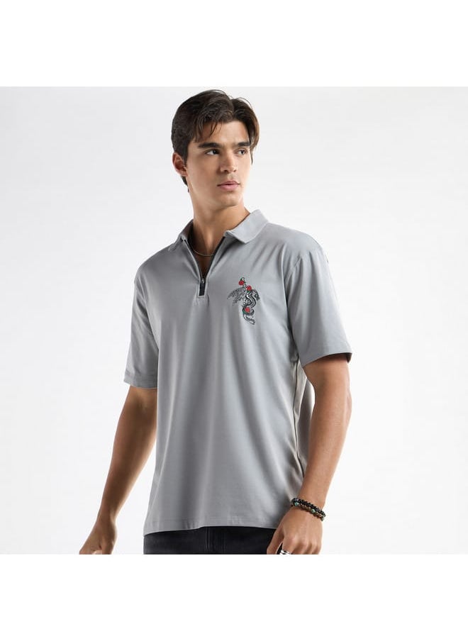 FAV Typographic Print Polo T-shirt with Short Sleeves and Zip Closure  - Image 1
