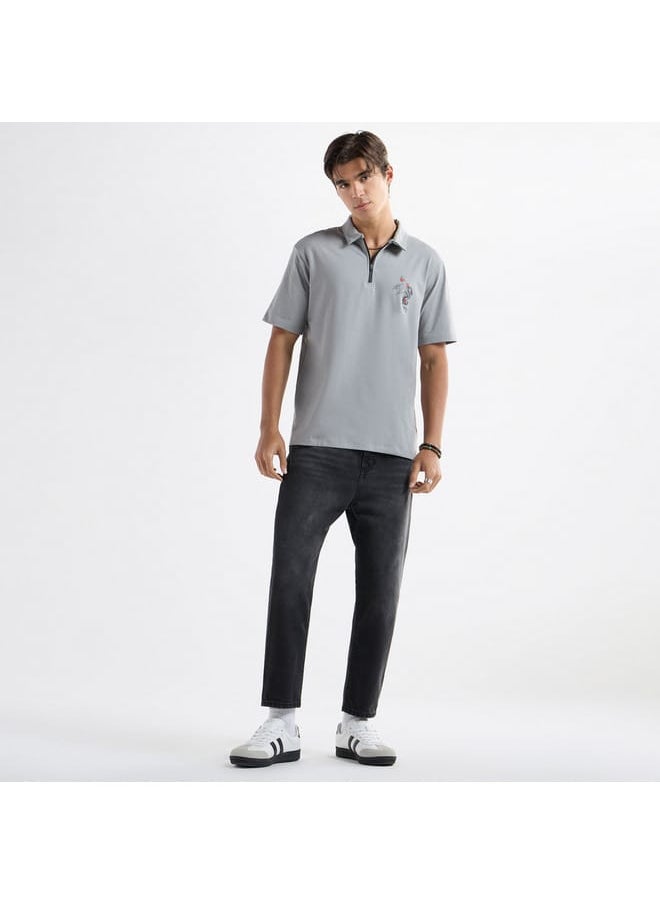 FAV Typographic Print Polo T-shirt with Short Sleeves and Zip Closure  - Image 2