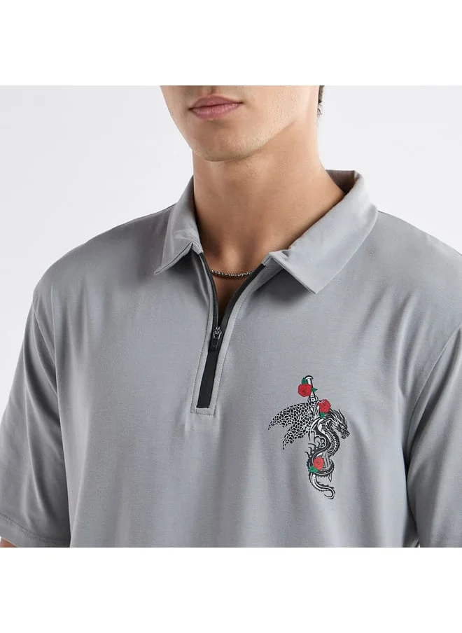 FAV Typographic Print Polo T-shirt with Short Sleeves and Zip Closure