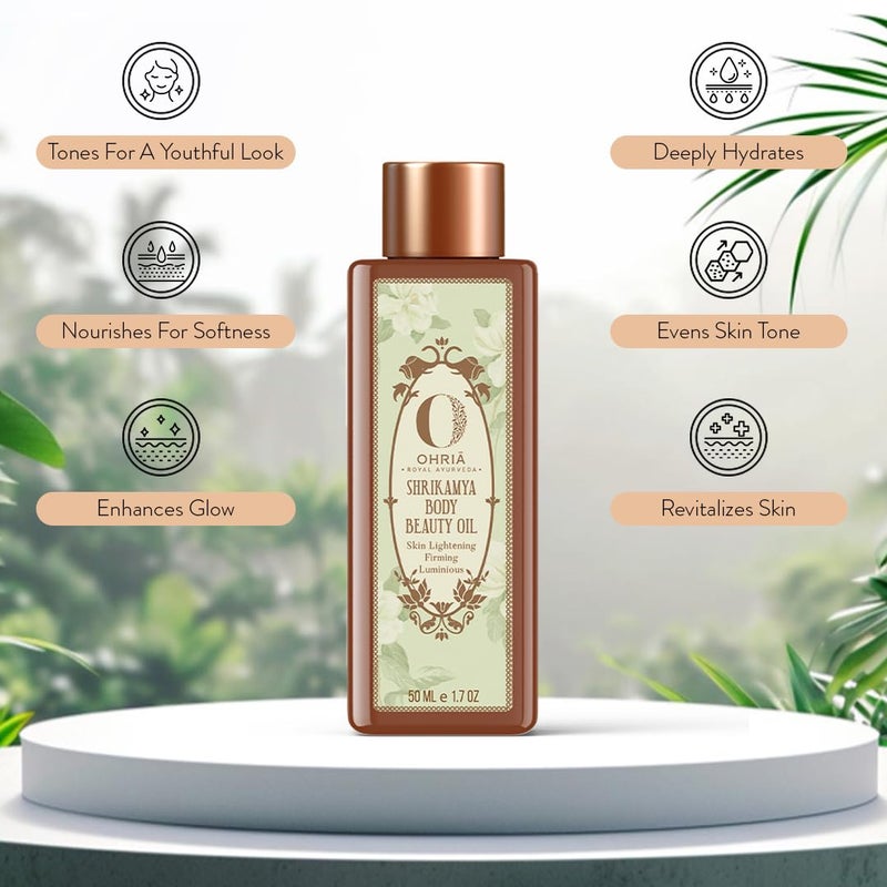 Ohria Ayurveda Shrikamya Body Beauty Oil Body Brightening Antipigmentation Oil Supports Hydration Firmness For All Skin Type 50ml - Image 4