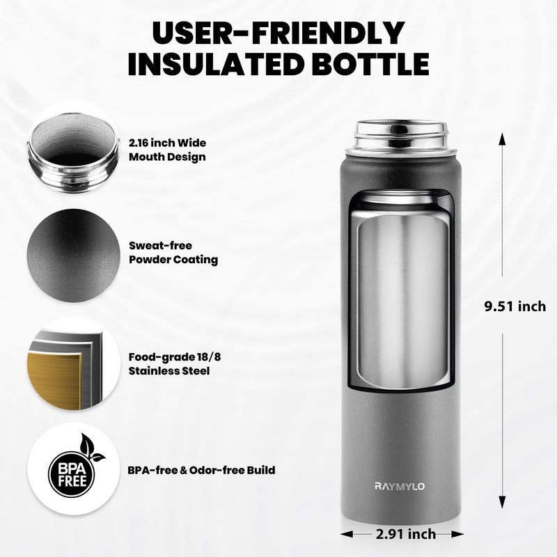 RAYMYLO Insulated Water Bottle 20 oz, Triple Wall Vacuum Stainless Steel (Cold for 48 Hrs), Leak Proof & Non-BPA, Kids Water Bottle Jug for School with Straw Spout Lids, Dark Gray - Image 5