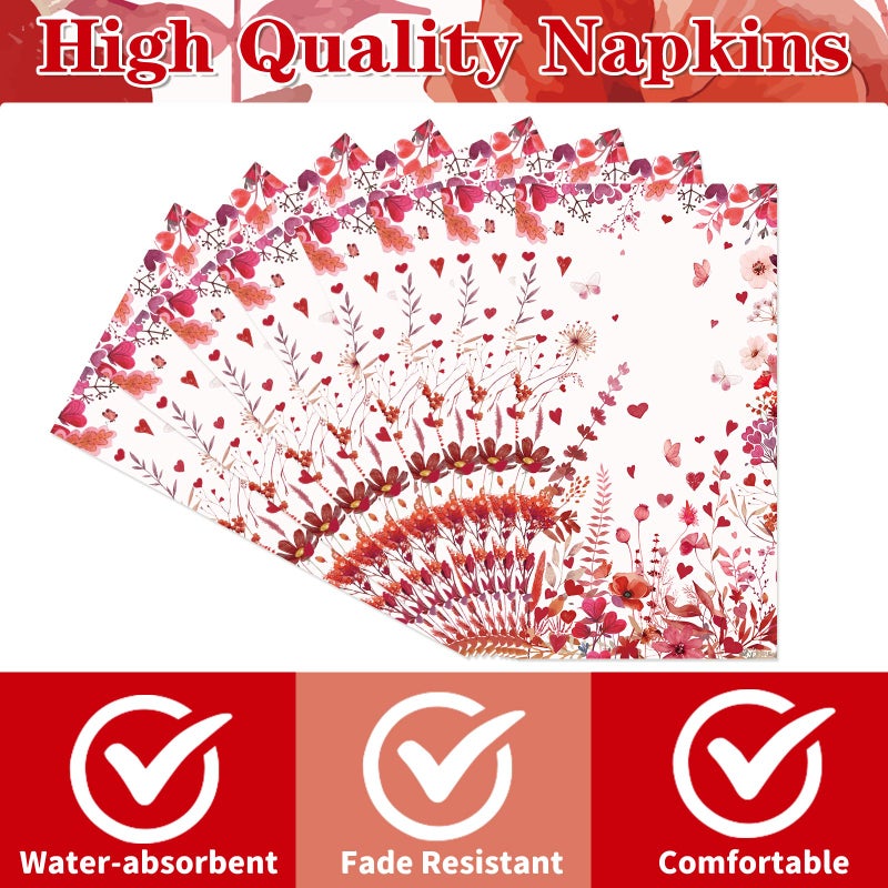 Rakuto Valentines Day Napkins Party Decorations, 100PCS Valentine's Day Love Hearts Flower Disposable Paper Napkins Table Decoration, Valentine Dinner Decor for Lunch Dinner Kitchen Bathroom - Image 2