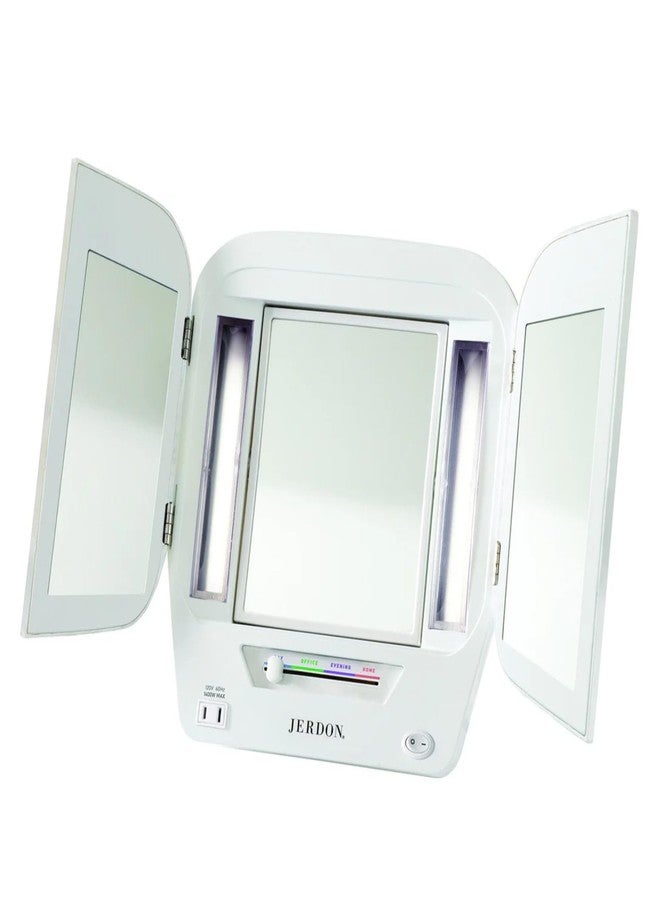 JERDON Modern Tri-Fold Makeup Mirror with Lights - Vanity Mirror with 5X Magnification & Multiple Light Settings - White Base - Model JGL10W - Image 1