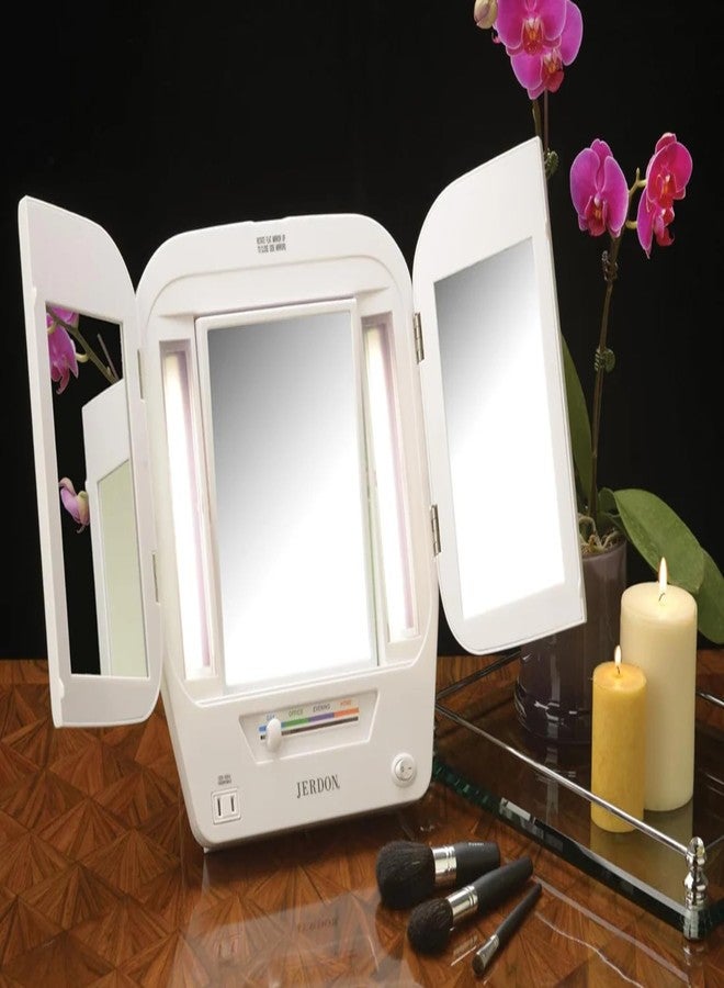 JERDON Modern Tri-Fold Makeup Mirror with Lights - Vanity Mirror with 5X Magnification & Multiple Light Settings - White Base - Model JGL10W - Image 2