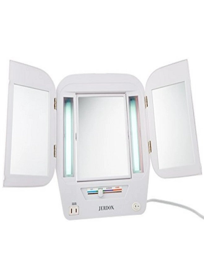 JERDON Modern Tri-Fold Makeup Mirror with Lights - Vanity Mirror with 5X Magnification & Multiple Light Settings - White Base - Model JGL10W - Image 4
