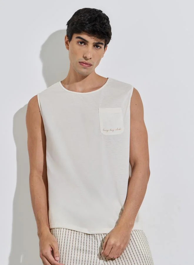 Styli Cream Pocket Detail Tank Top and Striped Shorts Pyjama Set