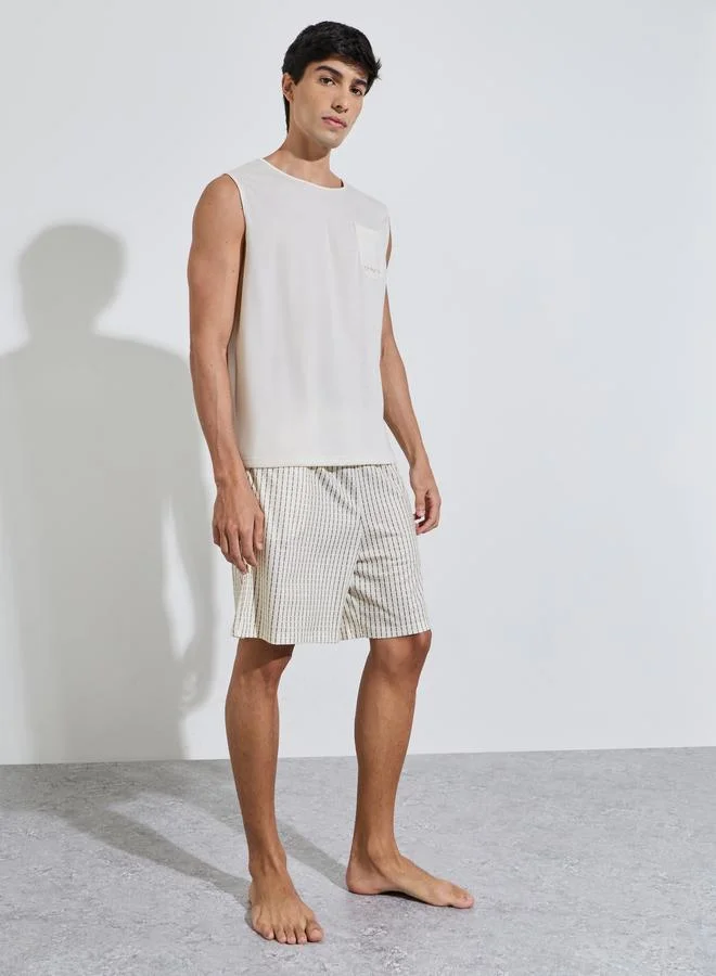 Cream Pocket Detail Tank Top and Striped Shorts Pyjama Set