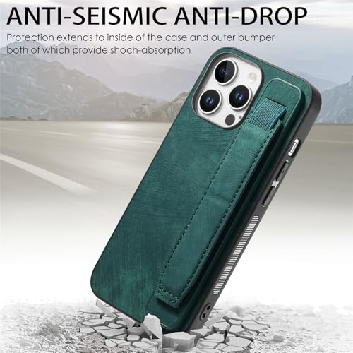 Omio Designed for iPhone 16 Pro Max Leather Case with Stand & Strap, Wrist Strap Leather Back Cover Hard PC Shockproof Finger Grip Case for Men Women Girls, Green - Image 3