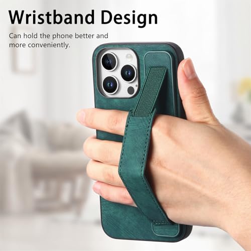 Omio Designed for iPhone 16 Pro Max Leather Case with Stand & Strap, Wrist Strap Leather Back Cover Hard PC Shockproof Finger Grip Case for Men Women Girls, Green - Image 4
