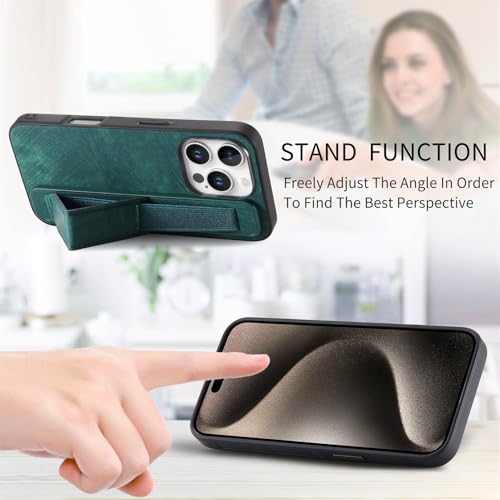 Omio Designed for iPhone 16 Pro Max Leather Case with Stand & Strap, Wrist Strap Leather Back Cover Hard PC Shockproof Finger Grip Case for Men Women Girls, Green - Image 5