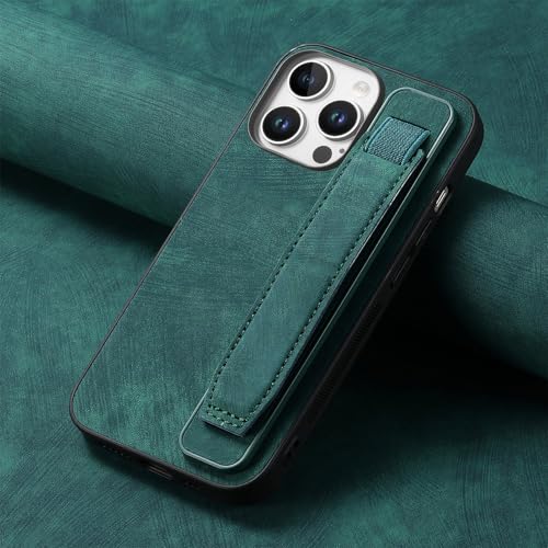 Omio Designed for iPhone 16 Pro Max Leather Case with Stand & Strap, Wrist Strap Leather Back Cover Hard PC Shockproof Finger Grip Case for Men Women Girls, Green - Image 2