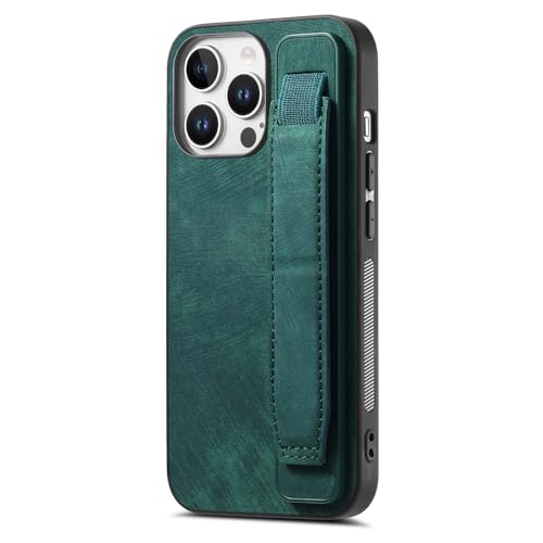 Omio Designed for iPhone 16 Pro Max Leather Case with Stand & Strap, Wrist Strap Leather Back Cover Hard PC Shockproof Finger Grip Case for Men Women Girls, Green - Image 1
