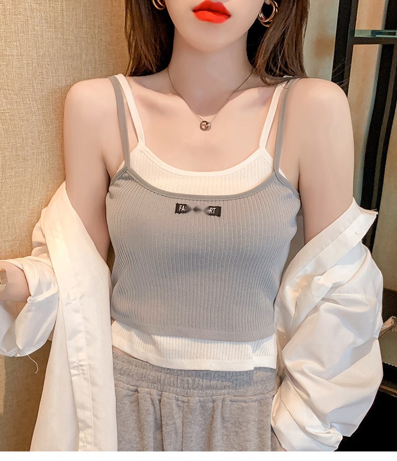 200 Jin Large Size Womens Wear Fake Two-piece Camisole Womens Design Sense Niche Wear Fat mm Slim Top Women Black  - Image 2