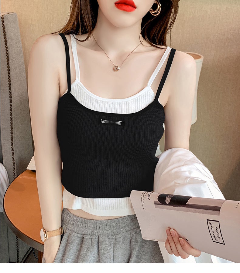 200 Jin Large Size Womens Wear Fake Two-piece Camisole Womens Design Sense Niche Wear Fat mm Slim Top Women Black  - Image 1