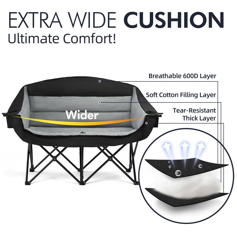 PUVASIA Double Camping Chair Loveseat - 2 Person Oversized Camping Couch for Adults Padded Heavy Duty Outdoor Lawn Beach Portable Folding XL Chairs with Cup Holders and Carry Bag Support 600lbs, Black/Grey - Image 3