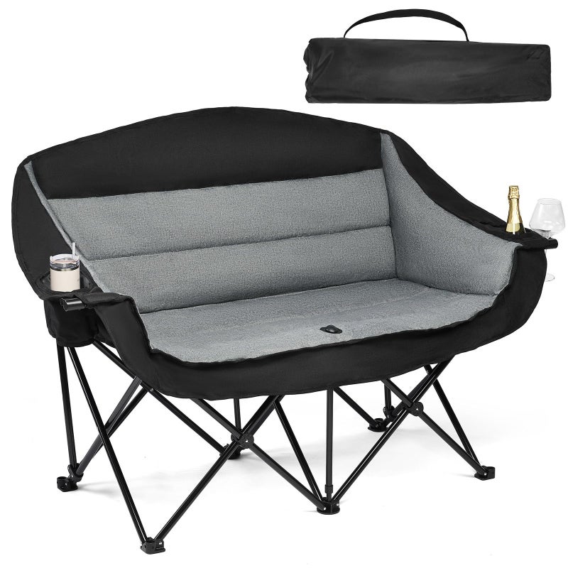 PUVASIA Double Camping Chair Loveseat - 2 Person Oversized Camping Couch for Adults Padded Heavy Duty Outdoor Lawn Beach Portable Folding XL Chairs with Cup Holders and Carry Bag Support 600lbs, Black/Grey - Image 1