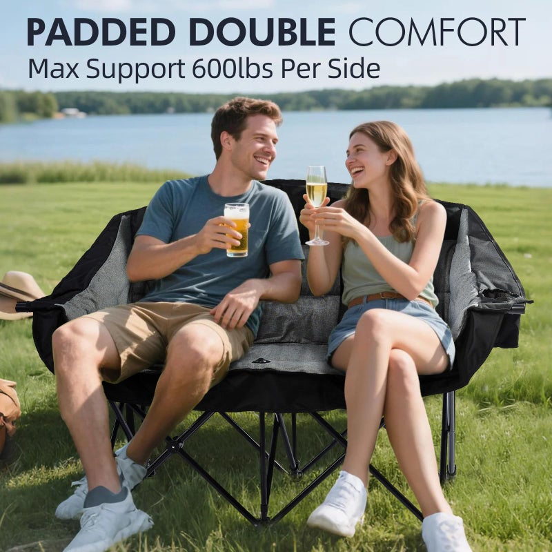 PUVASIA Double Camping Chair Loveseat - 2 Person Oversized Camping Couch for Adults Padded Heavy Duty Outdoor Lawn Beach Portable Folding XL Chairs with Cup Holders and Carry Bag Support 600lbs, Black/Grey - Image 2