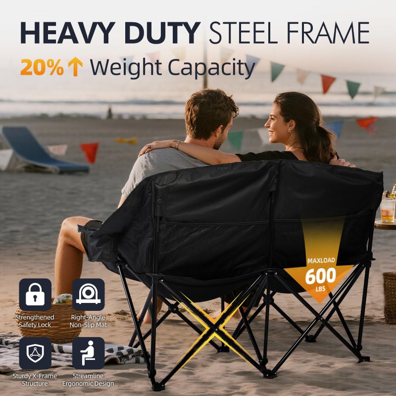 PUVASIA Double Camping Chair Loveseat - 2 Person Oversized Camping Couch for Adults Padded Heavy Duty Outdoor Lawn Beach Portable Folding XL Chairs with Cup Holders and Carry Bag Support 600lbs, Black/Grey - Image 5