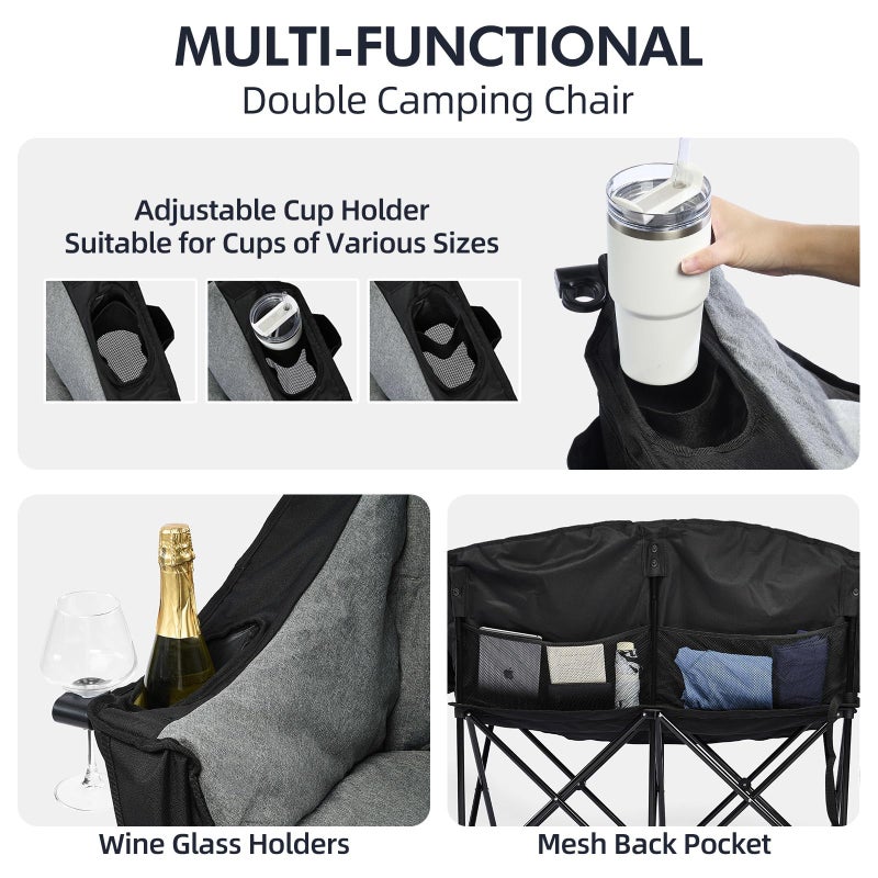 PUVASIA Double Camping Chair Loveseat - 2 Person Oversized Camping Couch for Adults Padded Heavy Duty Outdoor Lawn Beach Portable Folding XL Chairs with Cup Holders and Carry Bag Support 600lbs, Black/Grey - Image 4